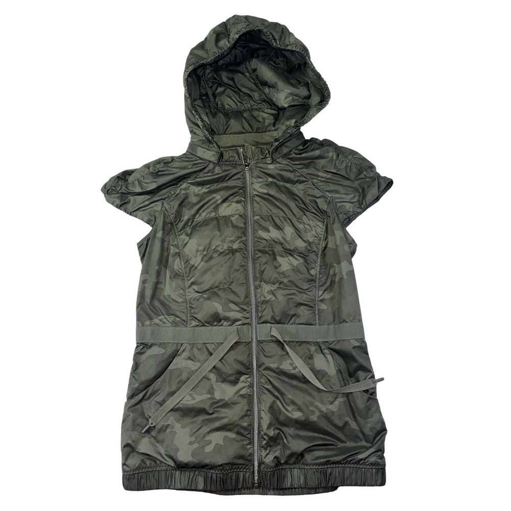 Lululemon‎ Puffer Goose Down Vest Camo Green Size 4 Removable Hoodie Jacket